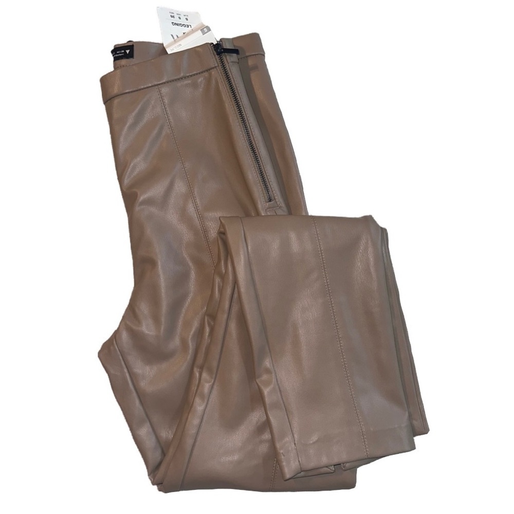 ZARA Tan Faux Leather Leggings Vegan Skinny Pants Hi-Rise Ankle Slit Women’s S - Picture 16 of 16